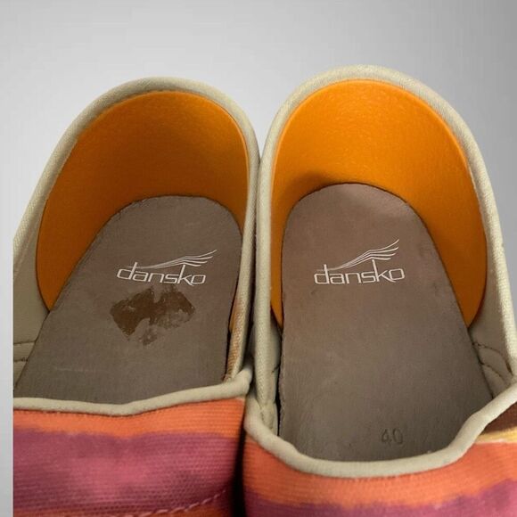 Dansko Clogs Womens 10 Canvas Pink Orange Brown Tan Striped Sunset Slip On EU-40 - Picture 4 of 12